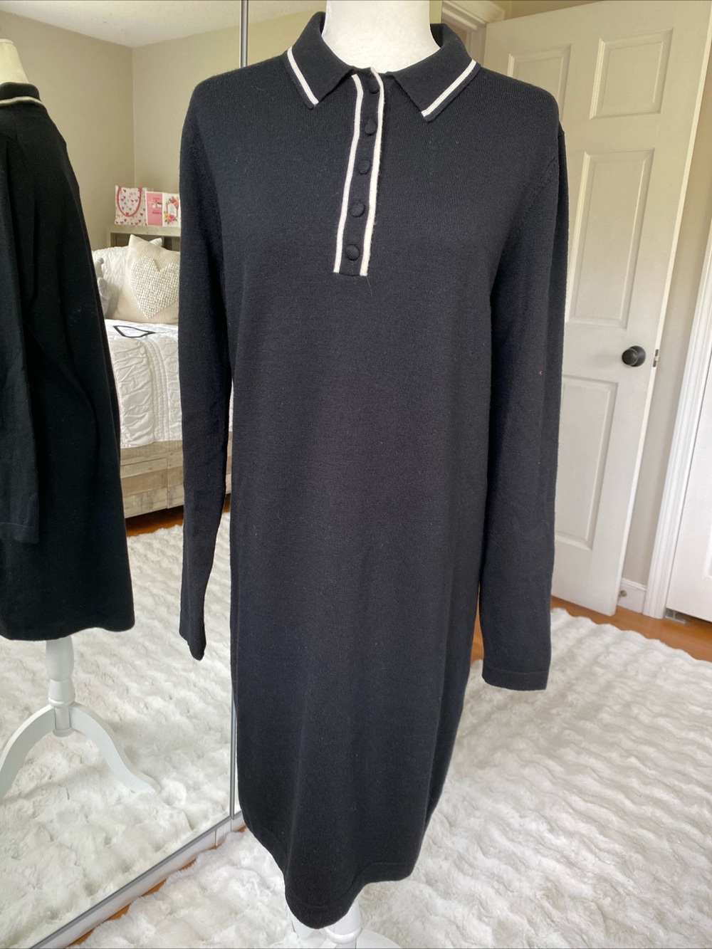 Boden Black Long-Sleeve Polo Wool Knit Dress Ivory Trim 10L Easy Relaxed Fit